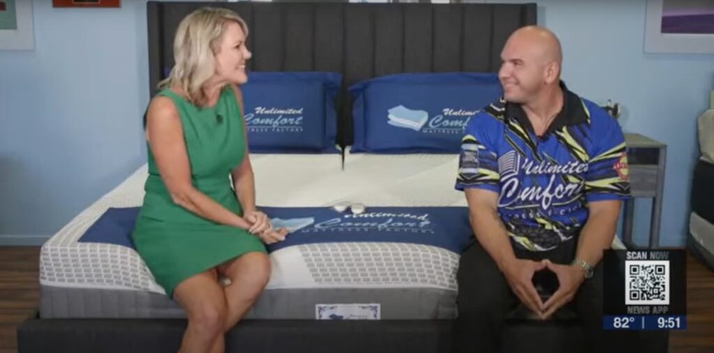 Sandy at Unlimited comfort mattress speaking with a news reporter